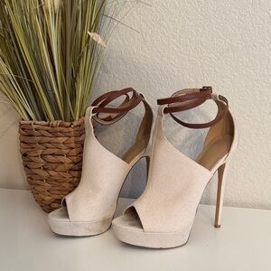 Shoe Dazzle Cream and Brown Peep-Toe Heels